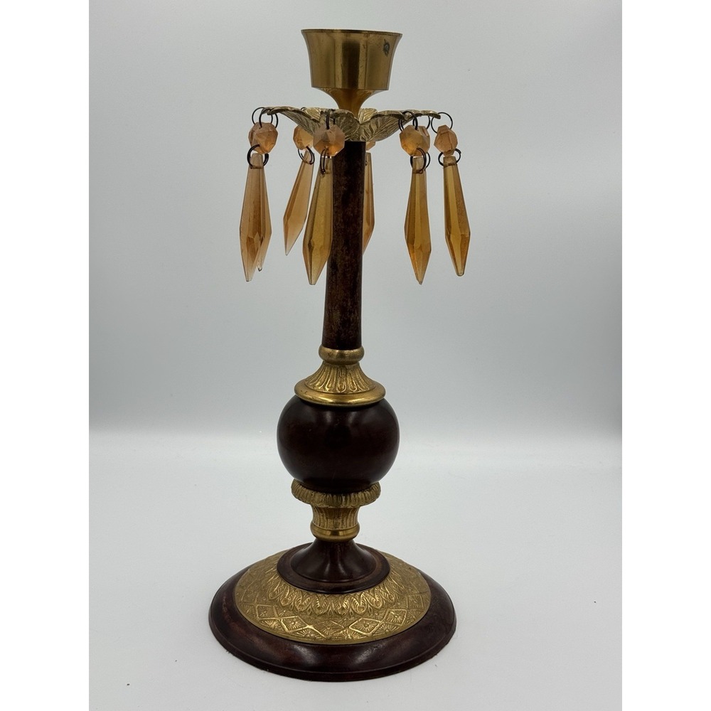 Vintage Heavy Gold Tone‎ & Brown Candle Stick Holder With Orange Acrylic Prisms